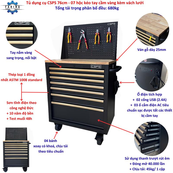 Tủ dụng cụ 07 hộc kéo kèm vách lưới