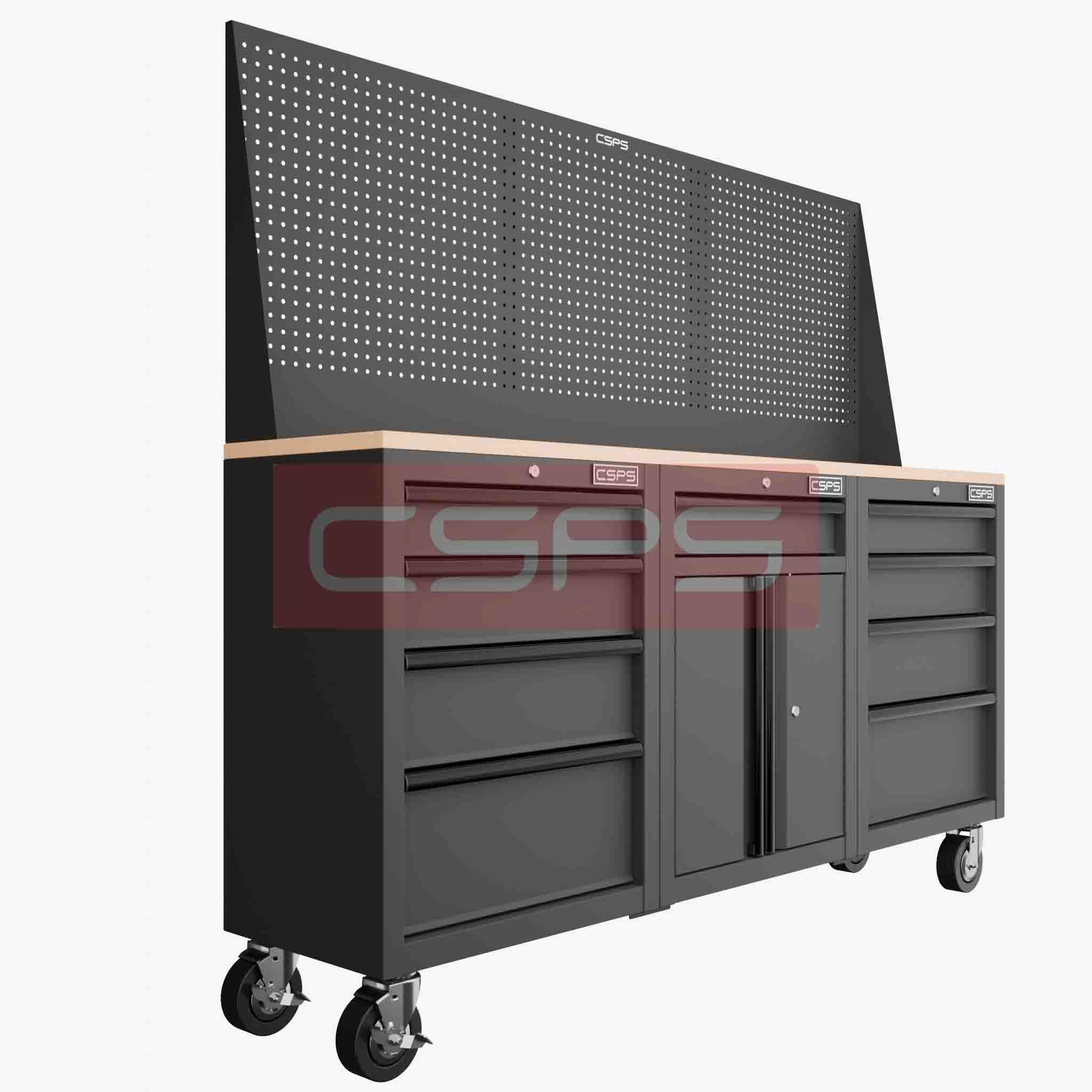Bộ 3 Tủ dụng cụ CSPS 183cm màu đen mặt ván gỗ kèm vách lưới - 09 hộc kéo