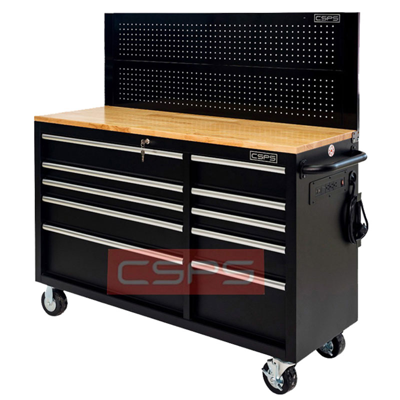 Tủ dụng cụ 10 ngăn 132cm mặt ván gỗ đen mờ kèm vách lưới CSPS