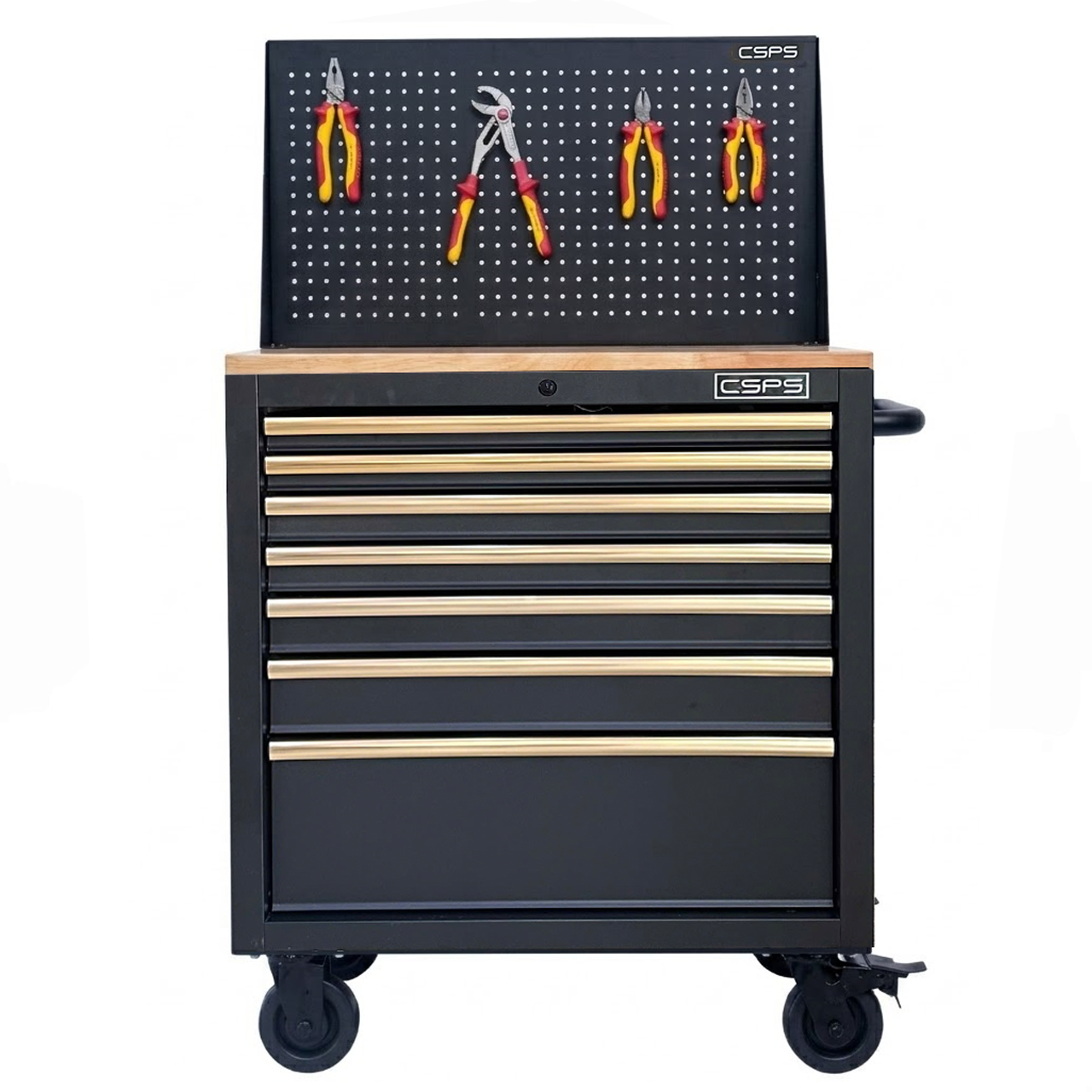 Tủ dụng cụ CSPS 76cm - 07 hộc kéo tay cầm vàng kèm vách lưới