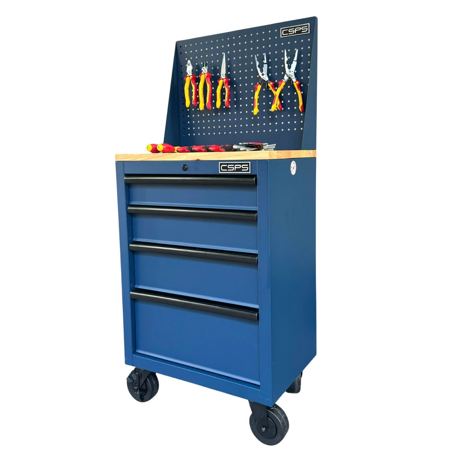 Tủ dụng cụ CSPS 61cm - 04 hộc kéo màu xanh dương kèm bánh xe ván gỗ vách lưới Tủ xanh bánh xe CSPS