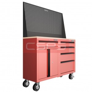 Set of 2 tool cabinets CSPS in red - 122cm Width - Wooden panel on top and mesh wall - 5 drawers (black handles)