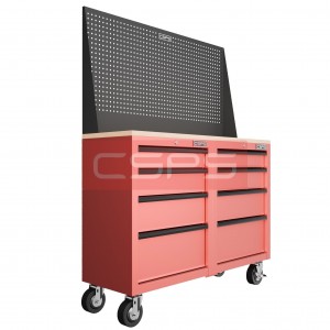 Set of 2 tool cabinets CSPS in red - 122cm Width - Wooden panel on top and mesh wall - 8 drawers (black handles)