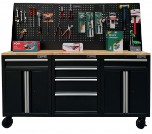 Set of 3 tool cabinets CSPS - 183cm Width - Wooden panel on top and mesh wall - 6 drawers (white handles)