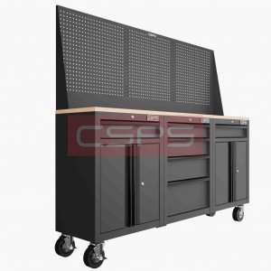 Set of 3 tool cabinets CSPS - 183cm Width - Wooden panel on top and mesh wall - 6 drawers (white handles)