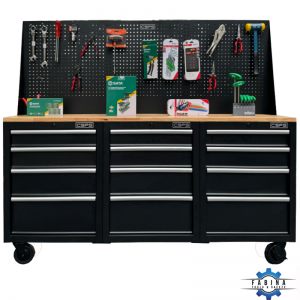 Bộ 3 Tủ dụng cụ CSPS 183cm màu đen mặt ván gỗ kèm vách lưới - 12 hộc kéo (tay cầm trắng)