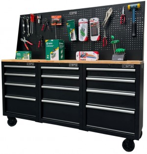 Set of 3 tool cabinets CSPS - 183cm Width - Wooden panel on top and mesh wall - 12 drawers (white handles)