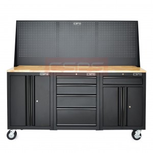 Set of 3 tool cabinets CSPS - 183cm Width - Wooden panel on top and mesh wall - 5 drawers (black handles)