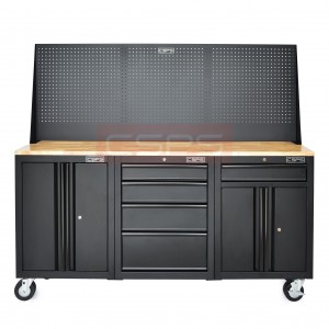 Set of 3 tool cabinets CSPS - 183cm Width - Wooden panel on top and mesh wall - 5 drawers (black handles)