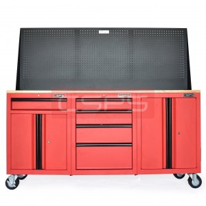Set of 3 tool cabinets CSPS in red - 183cm Width - Wooden panel on top and mesh wall - 5 drawers (black handles)