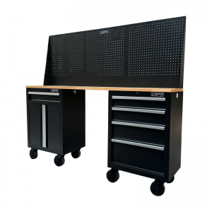 Bộ Bàn Nguội CSPS 183cm - 05 hộc kéo màu đen mặt ván gỗ vách lưới kèm bánh xe (tay cầm trắng)