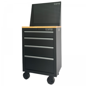 Black Tool cabinet CSPS 61cm including Caster - wooden panel on top and mesh wall - 04 drawers (white handles)