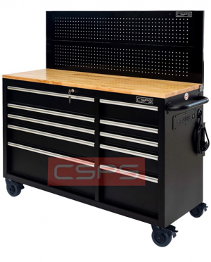 Tool cabinet CSPS 132cm in black - wooden panel on top and mesh wall - 10 drawers (white handles)
