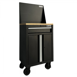 Black Tool cabinet CSPS 61cm including Caster - wooden panel on top and mesh wall - 01 drawers (white handles)