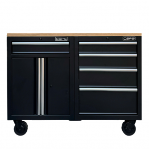 Tủ dụng cụ CSPS 122cm - 05 hộc kéo màu đen mặt ván gỗ (tay nắm trắng)