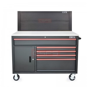Tool cabinet CSPS 132cm in black with red handles and mesh wall - 05 drawers
