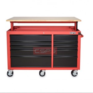 Red tool cabinet CSPS 142 cm with a button electrically lifted – 10 black drawers (black handle)