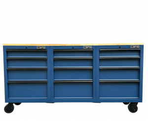 Set of 3 CSPS 183cm blue tool cabinets with wooden top - 12 drawers