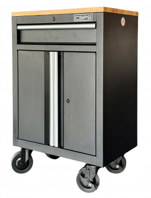 Black Tool cabinet CSPS 61cm with wheels and wooden panel on top - 01 drawers (white handles)