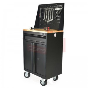 Black Tool cabinet CSPS 61cm including Caster - wooden panel on top and mesh wall - 01 drawers (black handles)