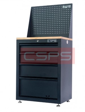 Black Tool cabinet CSPS 61cm including leveling feet - wooden panel on top and mesh wall - 04 drawers (black handles)