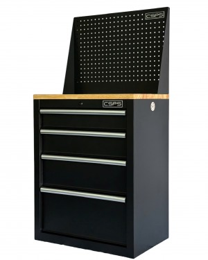 Black Tool cabinet CSPS 61cm - wooden panel on top and mesh wall - 04 drawers (white handles)