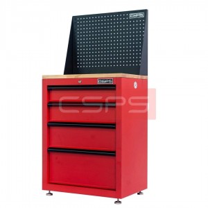 CSPS Red Tool cabinet 61cm including leveling feet - wooden panel on top and mesh wall - 04 drawers (black handles)