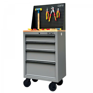 CSPS 61 cm Gray Tool Cabinet with Casters, Wooden Top and Pegboard - 4 Drawers
