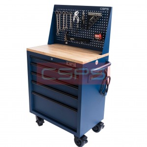 CSPS tool cabinet 76cm in matte blue without a lifting handle - wooden panel on top and mesh wall - 05 drawers