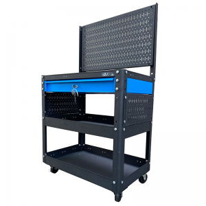 Multi-function trolley with 3 compartments 1 drawer blue mesh wall Fabina